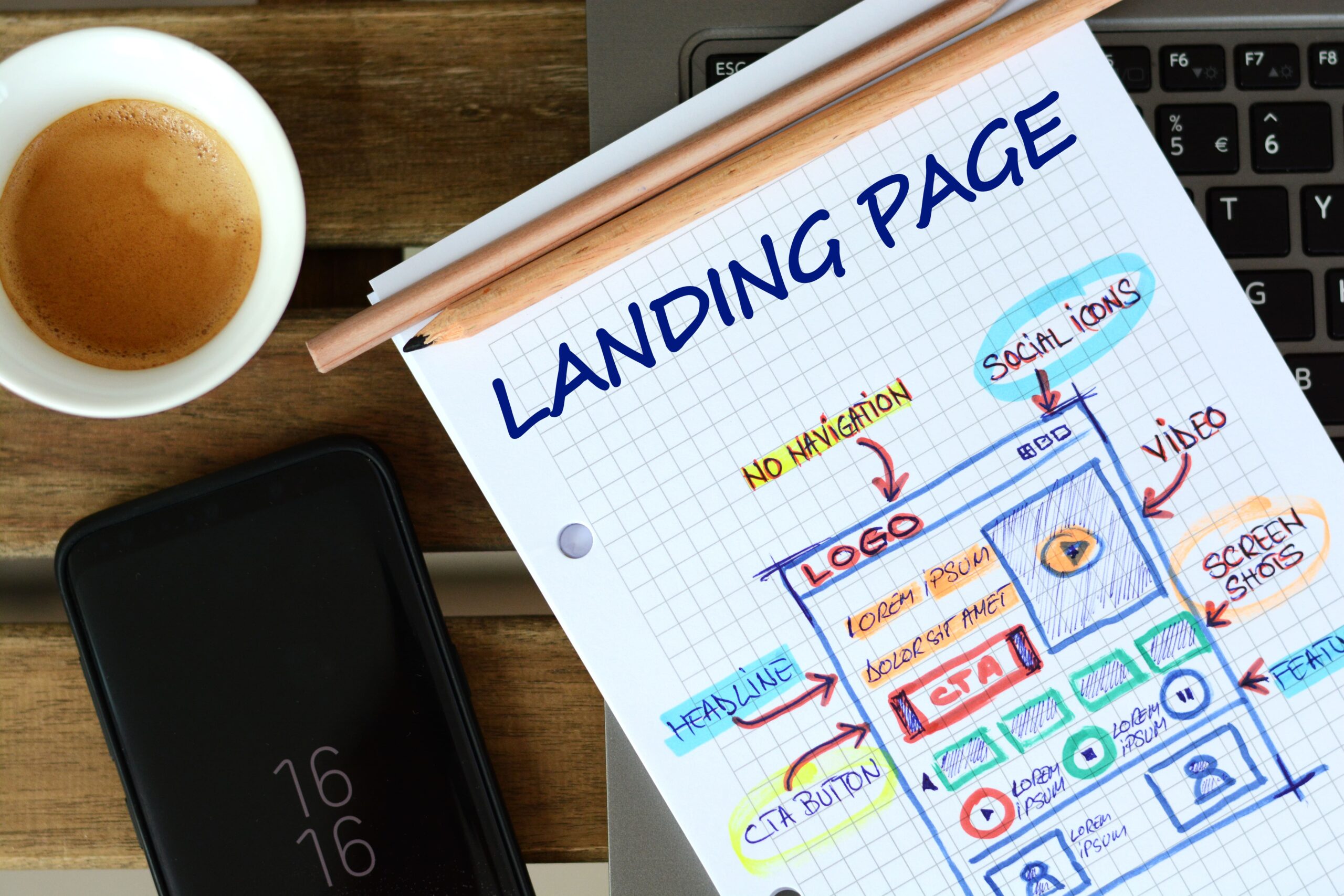Landing Page Design layout on notebook paper